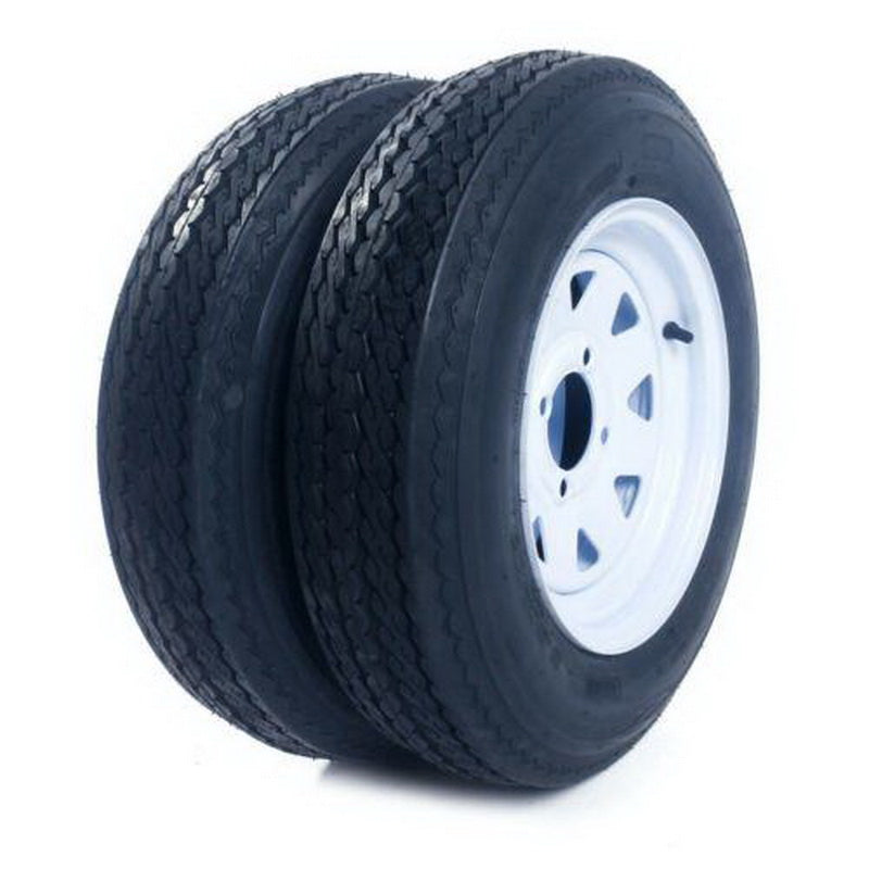 2 Trailer Tires & Rims Tubeless 4 Lug Wheel White Spoke 4 Ply 5.30-12