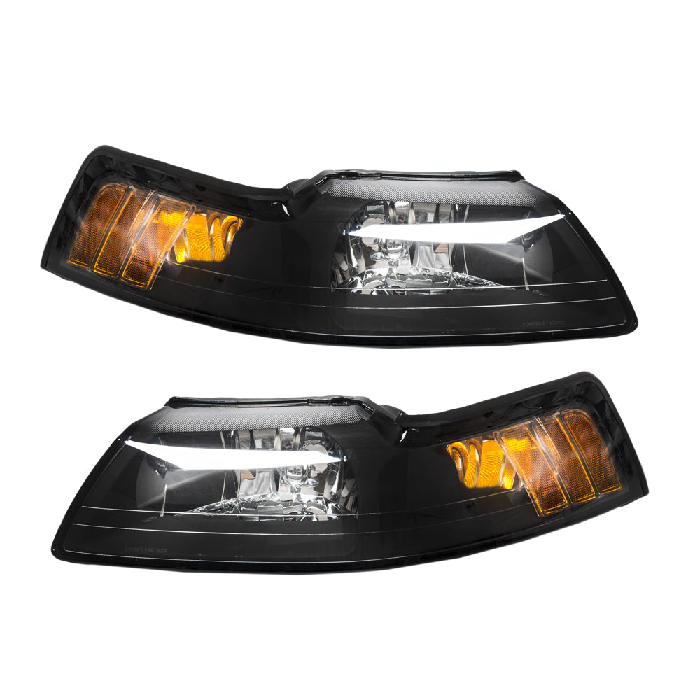 2pcs Front Left Right Car Headlights for Ford Mustang 1999-2004 Black Housing & Clear Lens