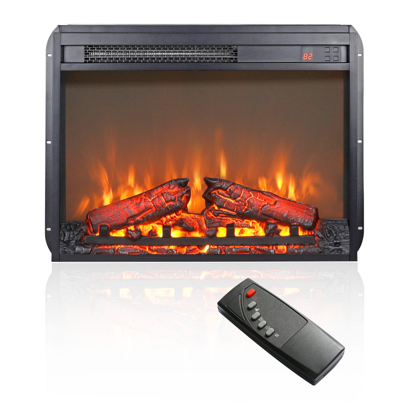 23" Electric Fireplace Slim Heater with Log Set and Realistic Flames, Remote Control with Timer