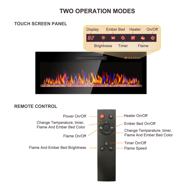 36" Insert Ultra-Thin Tempered Glass Front Wall Mount Electric Fireplace with Remote Control and Multi-Color Flames