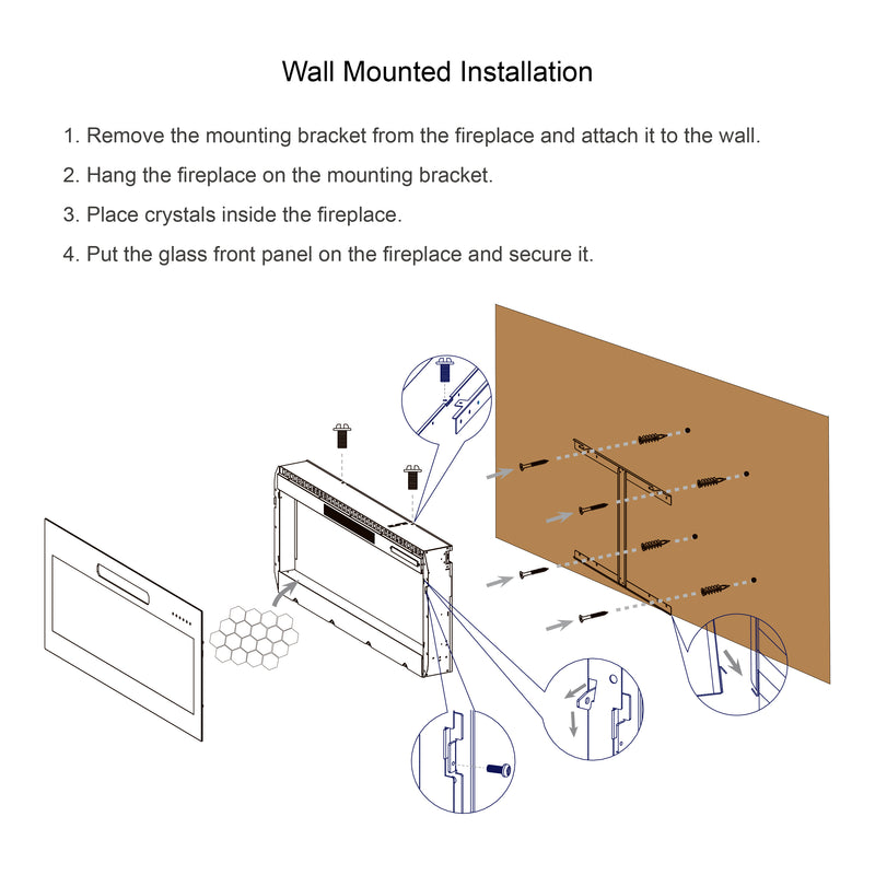 36" Insert Ultra-Thin Tempered Glass Front Wall Mount Electric Fireplace with Remote Control and Multi-Color Flames