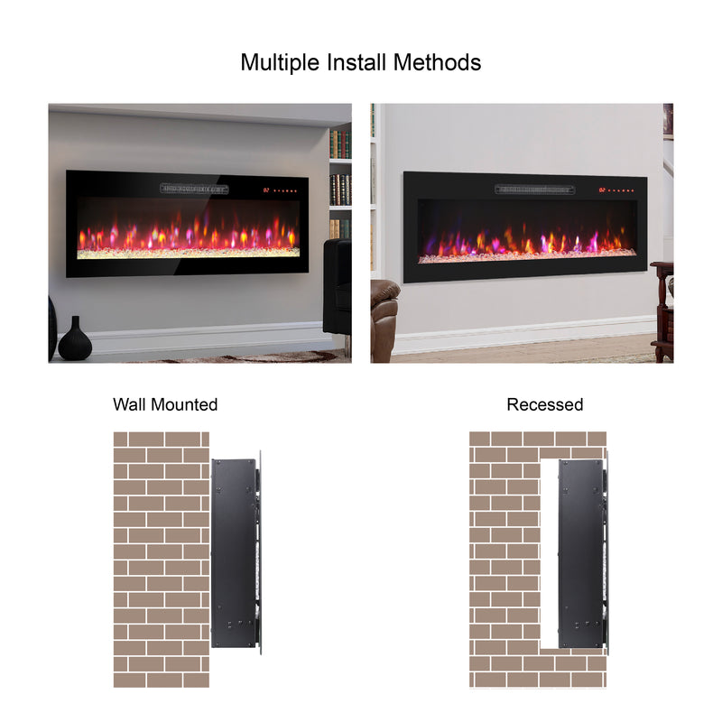 36" Insert Ultra-Thin Tempered Glass Front Wall Mount Electric Fireplace with Remote Control and Multi-Color Flames