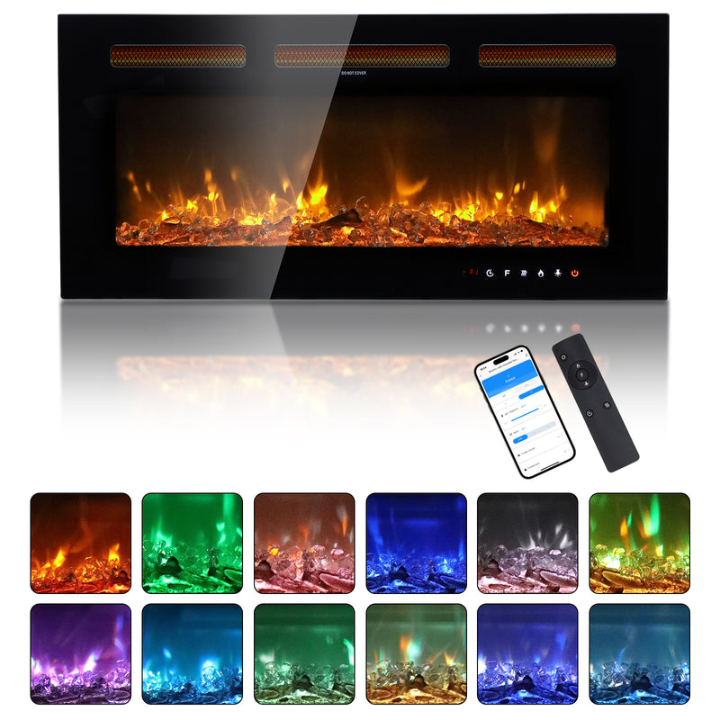 36 Inch Smart WiFi Electric Fireplace Insert 1500W Wall Mounted Freestanding Fireplace Heater with Remote Control, 12 Colors Adjustable