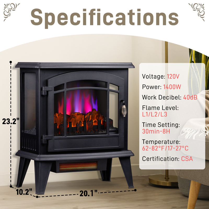 20" Electric Fireplace Stove with 3 Level Dimmable Flame Effect Remote Control 1400W Black