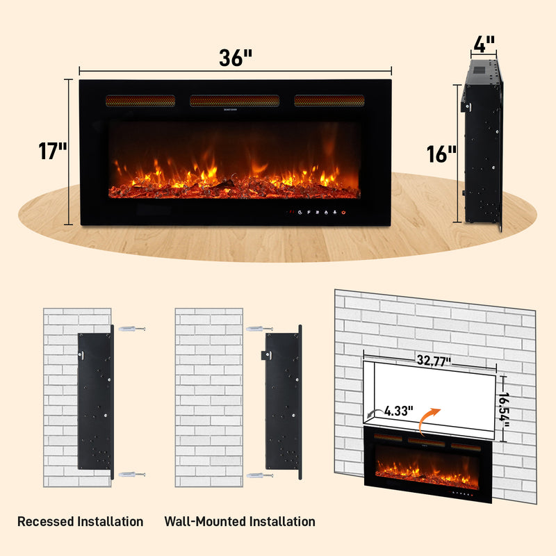 36 Inch Smart WiFi Electric Fireplace Insert 1500W Wall Mounted Freestanding Fireplace Heater with Remote Control, 12 Colors Adjustable