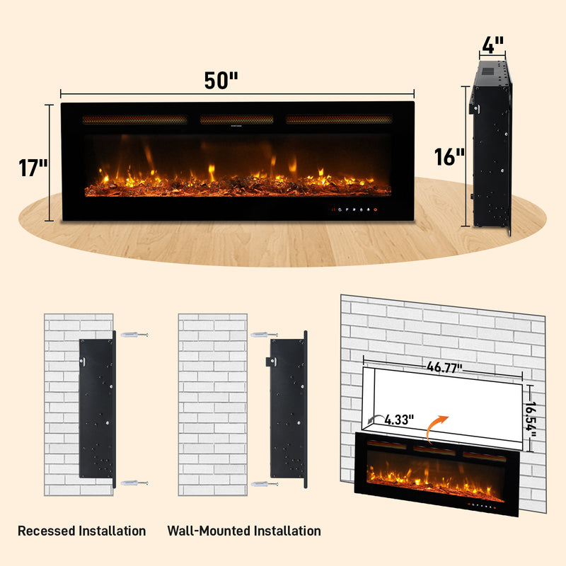 50 Inch Smart WiFi Electric Fireplace Insert 1500W Wall Mounted Freestanding Fireplace Heater