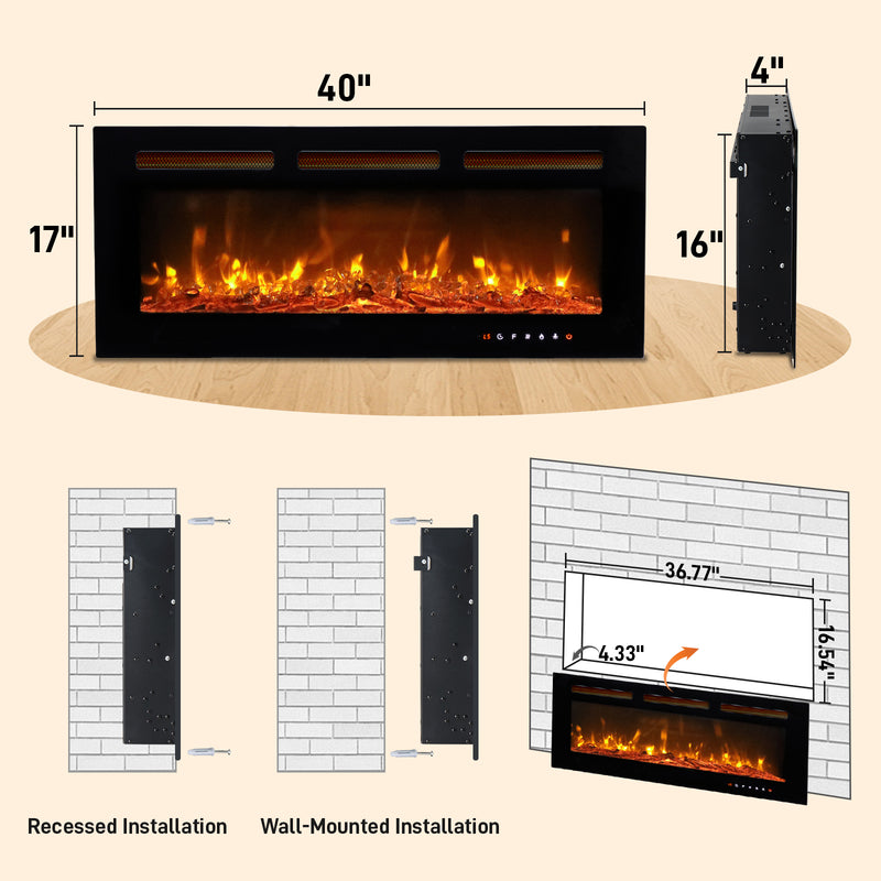 40 Inch Smart WiFi Electric Fireplace Insert 1500W Wall Mounted Freestanding Fireplace Heater