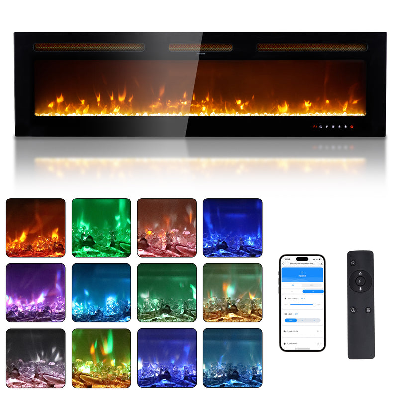 60 Inch Smart WiFi Electric Fireplace Insert 1500W Wall Mounted Freestanding Fireplace Heater with Remote Control