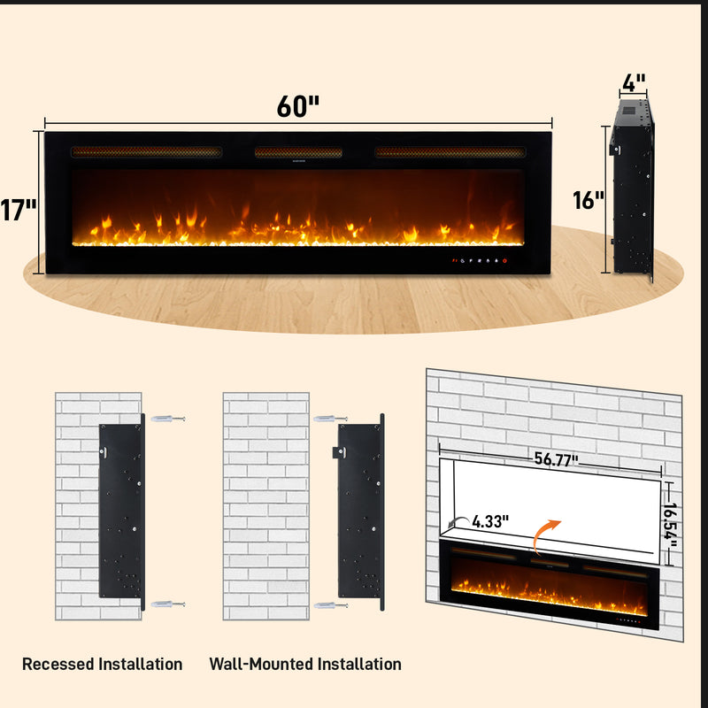 60 Inch Smart WiFi Electric Fireplace Insert 1500W Wall Mounted Freestanding Fireplace Heater with Remote Control