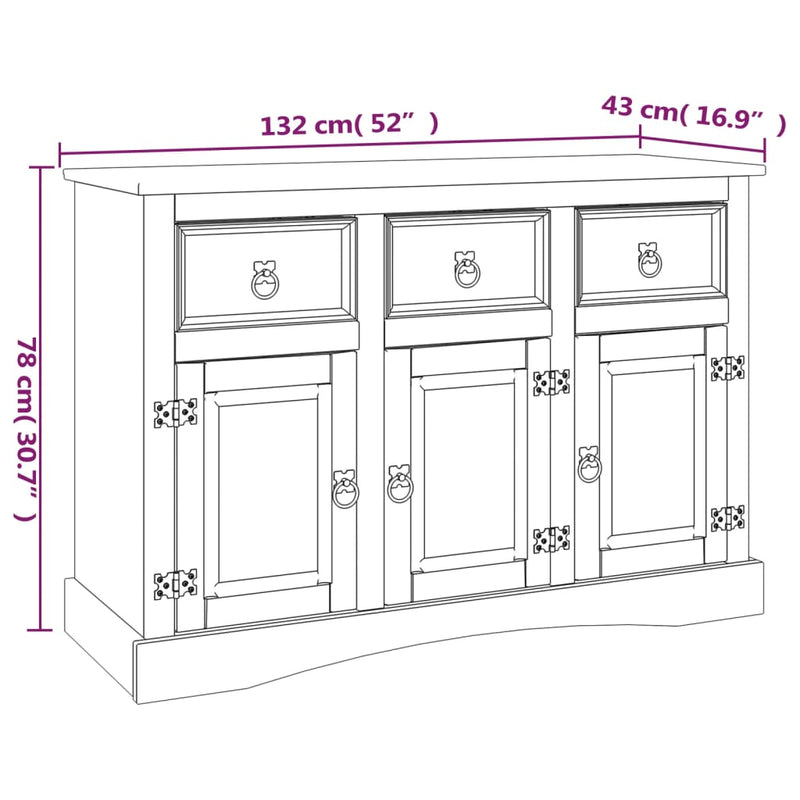 Sideboard in Solid Mexican Pinewood Corona Range 52x16.9x30.7