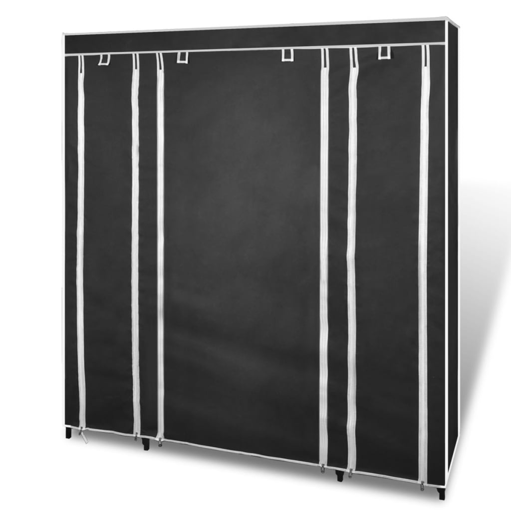 Black Fabric Wardrobe with Compartments and Rods 17.7x59x69