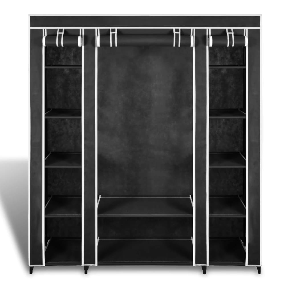 Black Fabric Wardrobe with Compartments and Rods 17.7x59x69