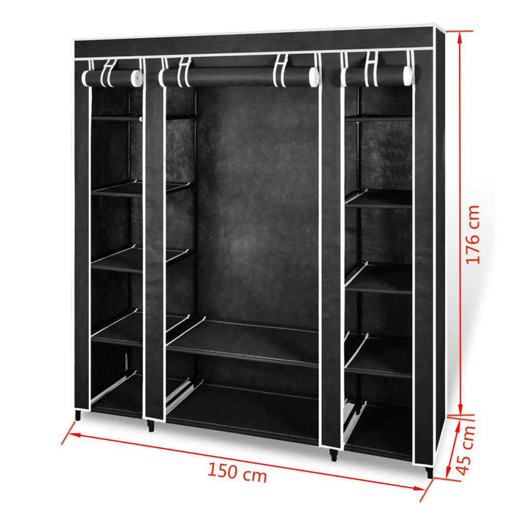 Black Fabric Wardrobe with Compartments and Rods 17.7x59x69