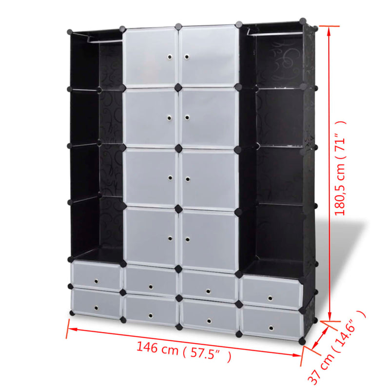 Modular Cabinet with 18 Compartments Black and White 14.6x57.5x71.1