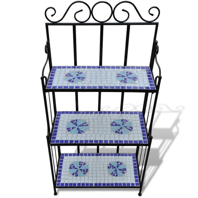 Plant Stand Display Blue and White Mosaic Pattern