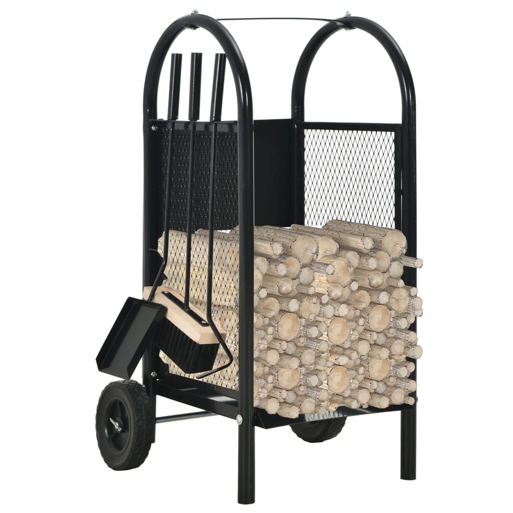 11.8"x13.8"x31.9" Firewood Cart in Black Steel Durable Convenient Storage