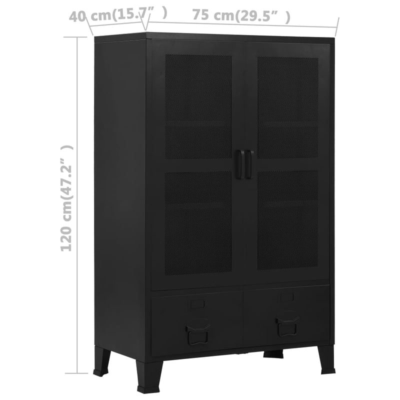 Industrial Black Office Cabinet with Mesh Doors 29.5x15.7x47.2 Steel