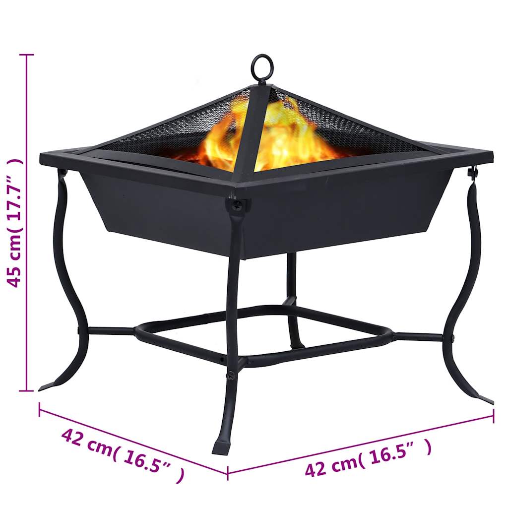 16.5x16.5x17.7 Inch Black Steel Fire Pit with Spark Guard – Outdoor Heating and BBQ