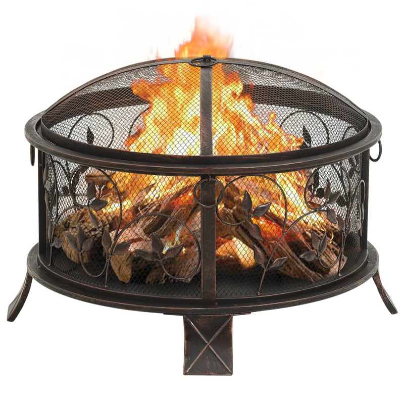 26.6 Inch Rustic Steel Fire Pit with Poker and Mesh Cover – Outdoor Heating for Patios and Gardens