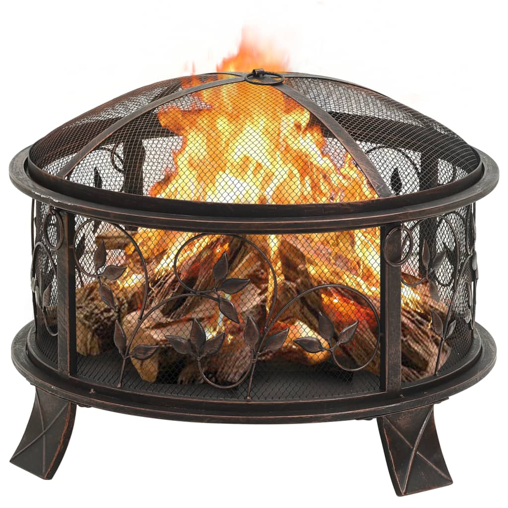 26.6 Inch Rustic Steel Fire Pit with Poker and Mesh Cover – Outdoor Heating for Patios and Gardens