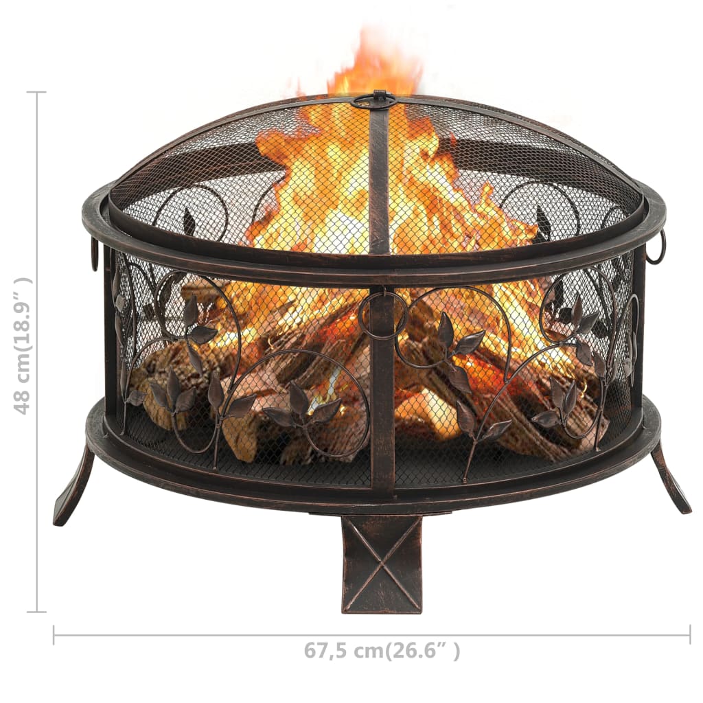 26.6 Inch Rustic Steel Fire Pit with Poker and Mesh Cover – Outdoor Heating for Patios and Gardens