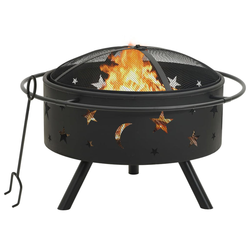 XXL 29.9 Inch Black Steel Fire Pit with Poker and Safety Mesh Cover – Perfect for Outdoor Gatherings