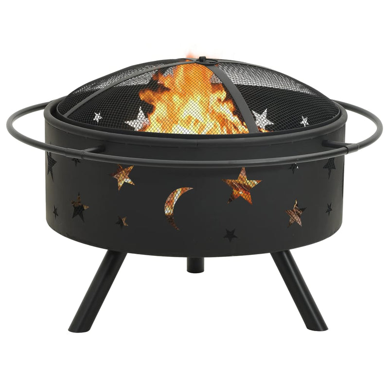 XXL 29.9 Inch Black Steel Fire Pit with Poker and Safety Mesh Cover – Perfect for Outdoor Gatherings