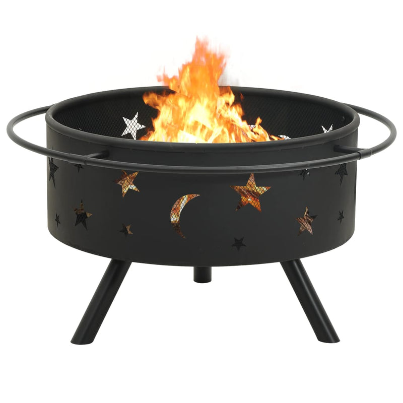 XXL 29.9 Inch Black Steel Fire Pit with Poker and Safety Mesh Cover – Perfect for Outdoor Gatherings