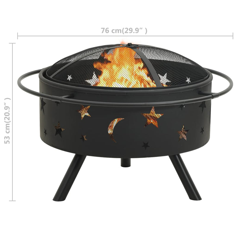 XXL 29.9 Inch Black Steel Fire Pit with Poker and Safety Mesh Cover – Perfect for Outdoor Gatherings