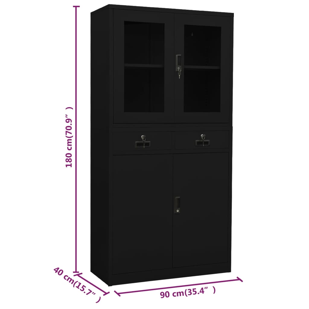 Black Office Cabinet 35.4x15.7x70.9 Steel and Tempered Glass