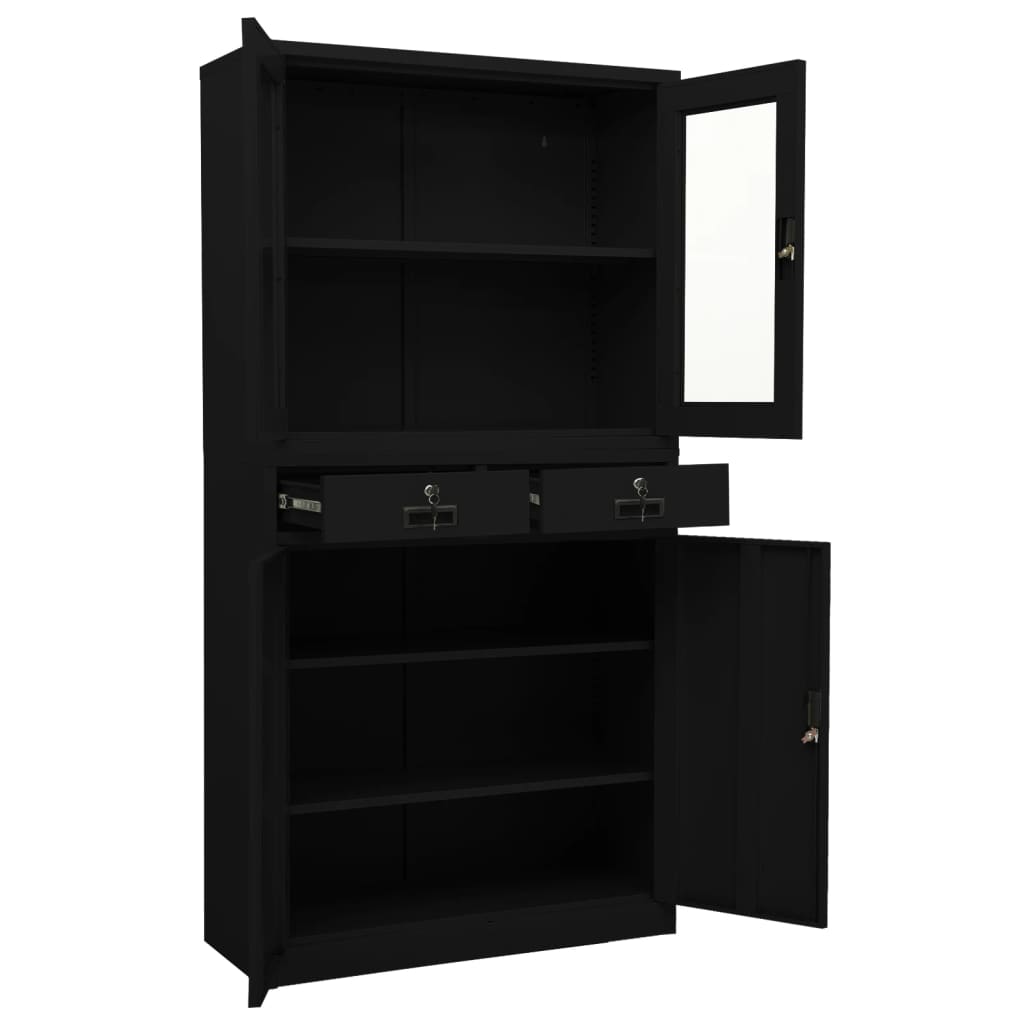 Black Office Cabinet 35.4x15.7x70.9 Steel and Tempered Glass