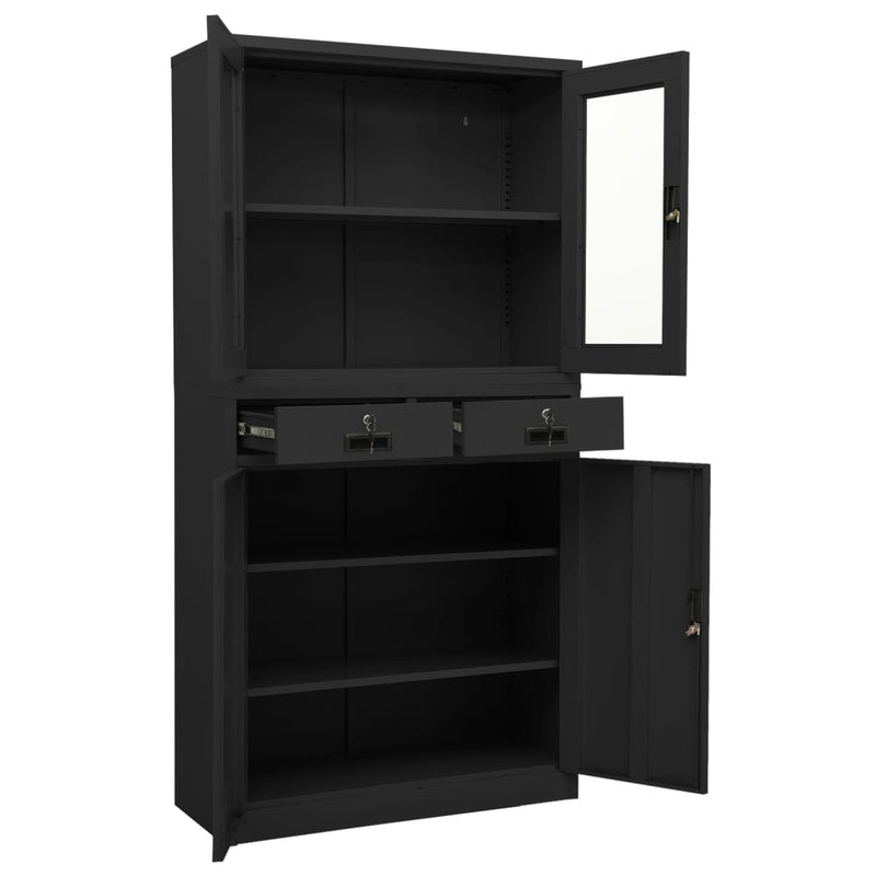 35.4x15.7x70.9 Anthracite Office Cabinet with Steel and Tempered Glass