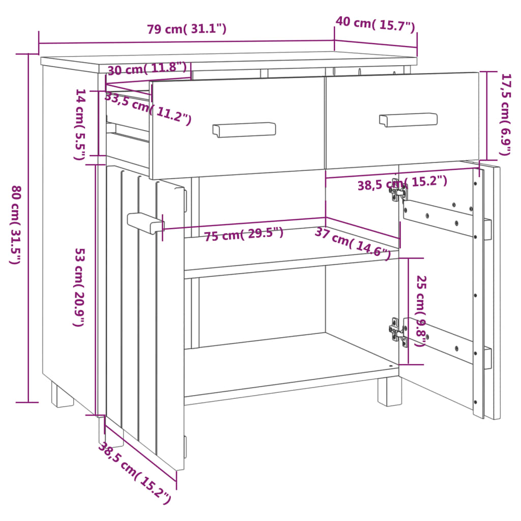 31.1x15.7x31.5 HAMAR White Sideboard Solid Pine