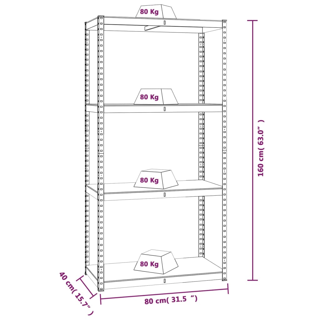 4-Layer Storage Shelf Made of Anthracite Steel and Engineered Wood