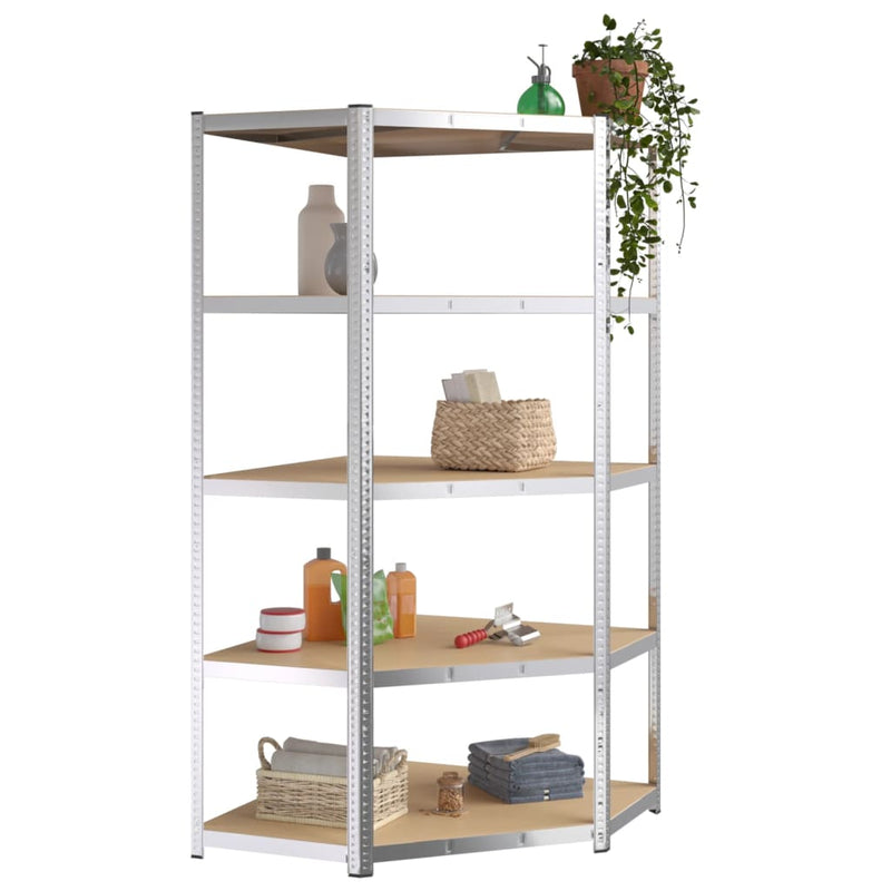 Durable 5-Layer Corner Shelf Silver Steel with Engineered Wood Design