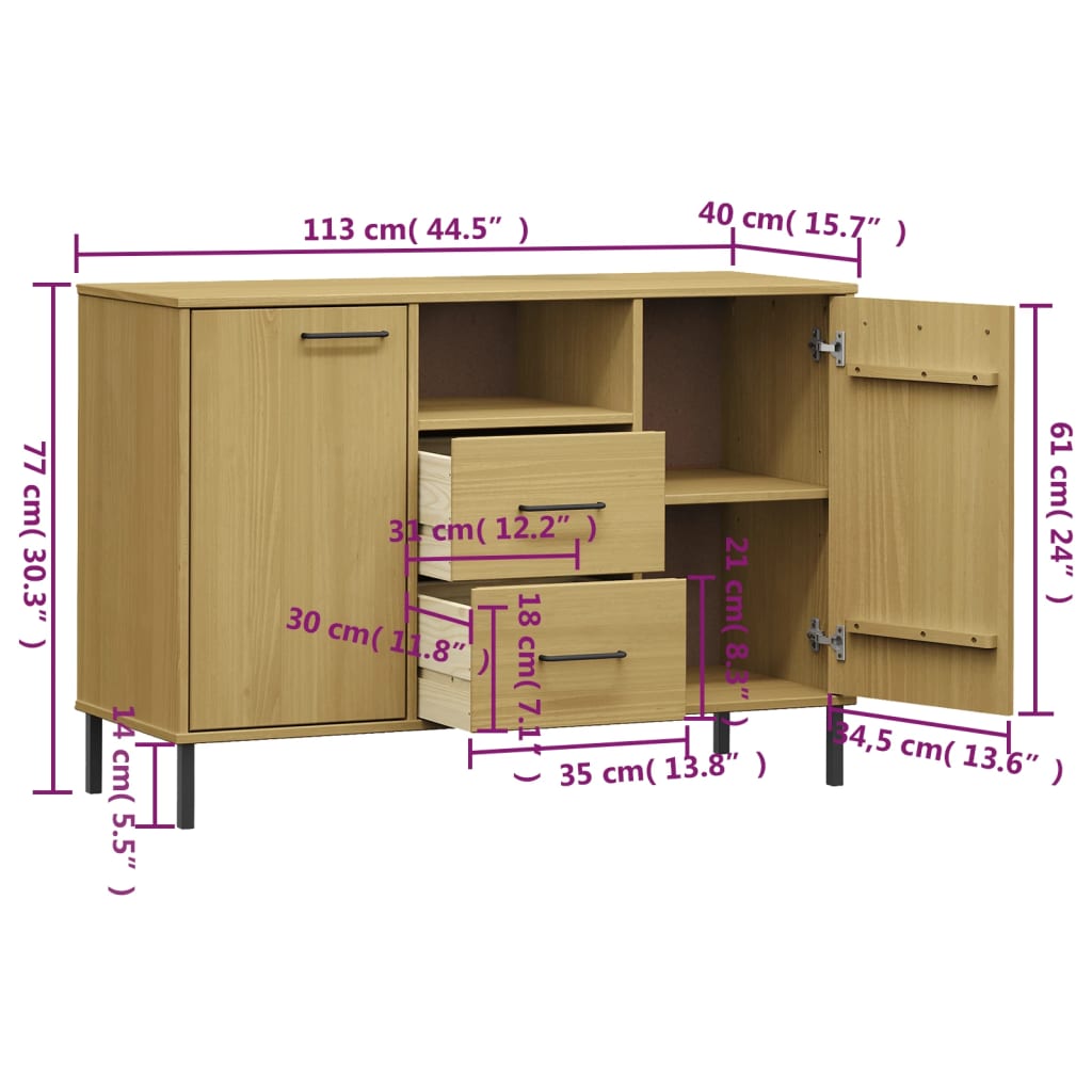 Brown Sideboard OSLO with Metal Legs 44.5x15.7x30.3 Solid Wood