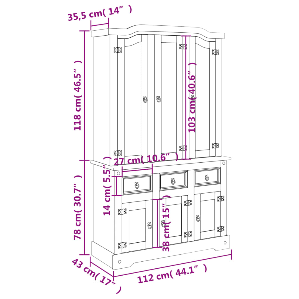 44.1x16.9x77.2 Solid Wood Highboard in Corona Brown