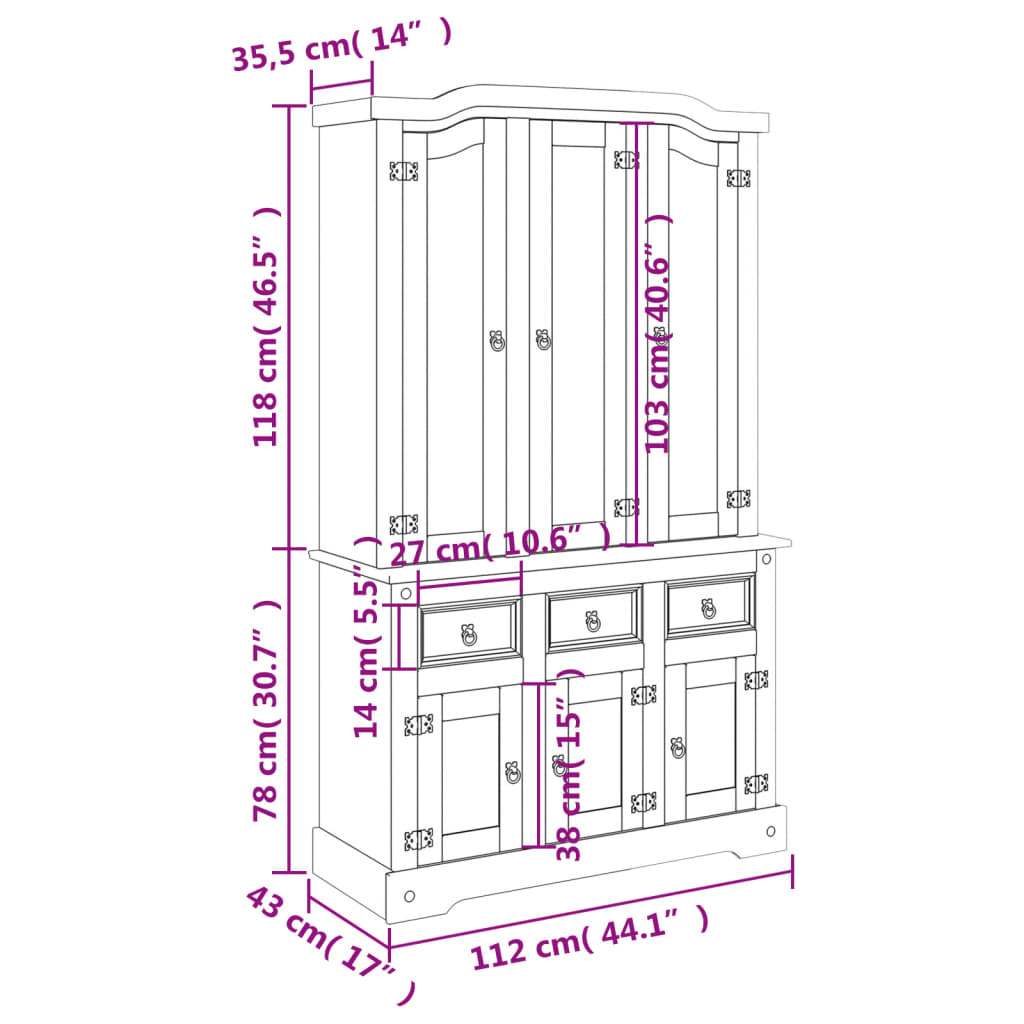 44.1x16.9x77.2 Highboard in White Solid Wood