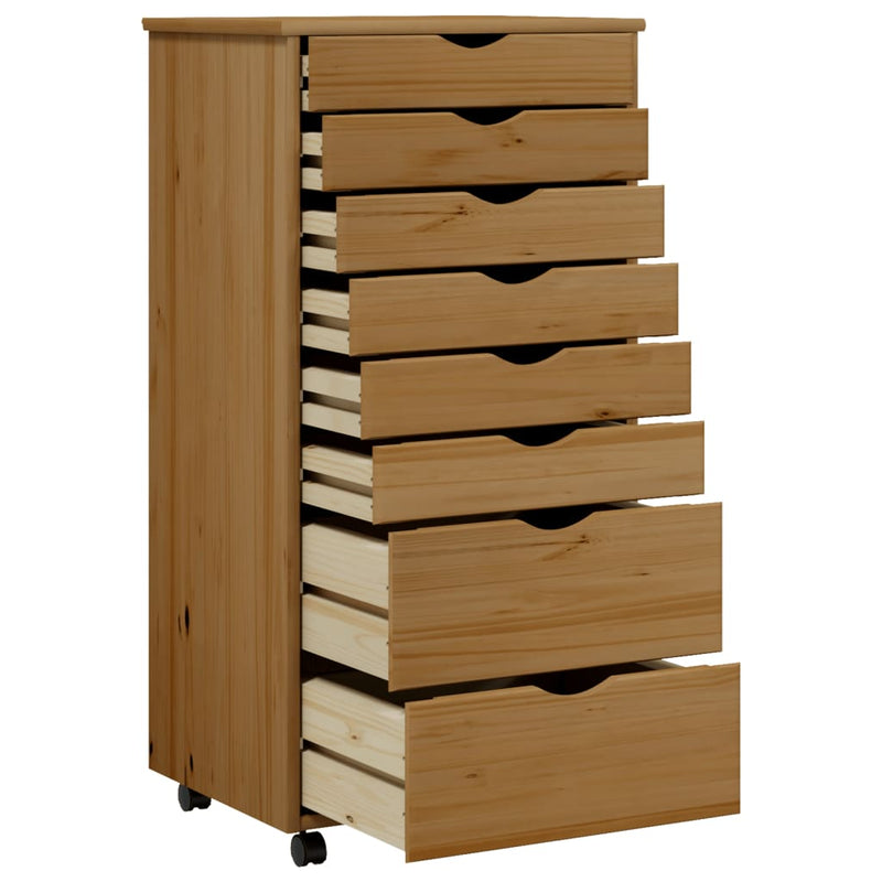 Rolling Cabinet with Drawers MOSS Honey Brown Solid Pinewood