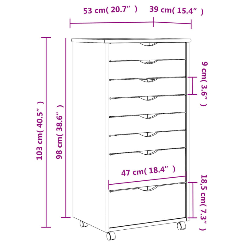 Rolling Cabinet with Drawers MOSS Honey Brown Solid Pinewood