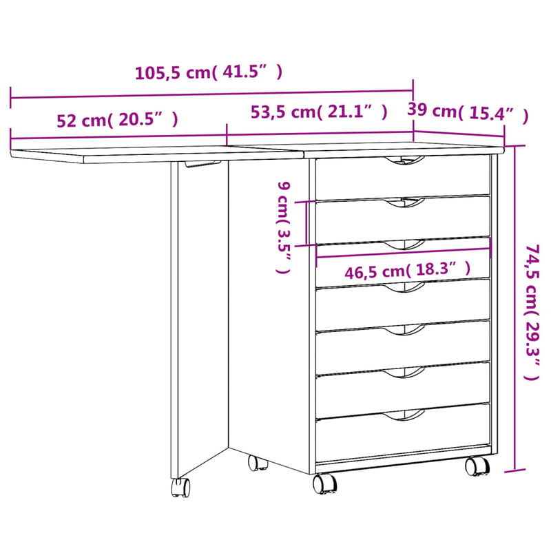 Rolling Cabinet with Desk MOSS Honey Brown Solid Wood Pine