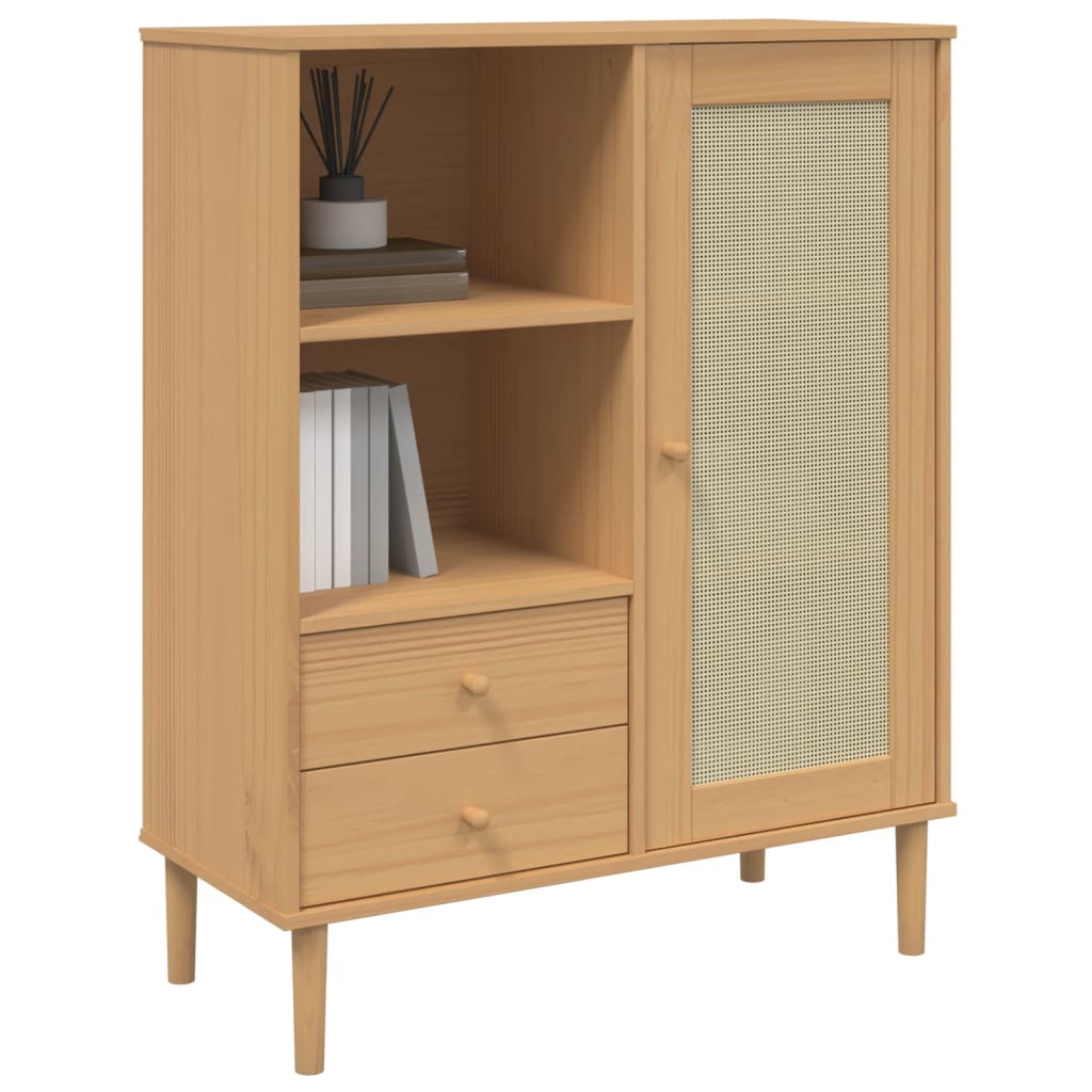 Brown Highboard SENJA with Rattan Look 35.4x15.7x44.1 Solid Wood Pine