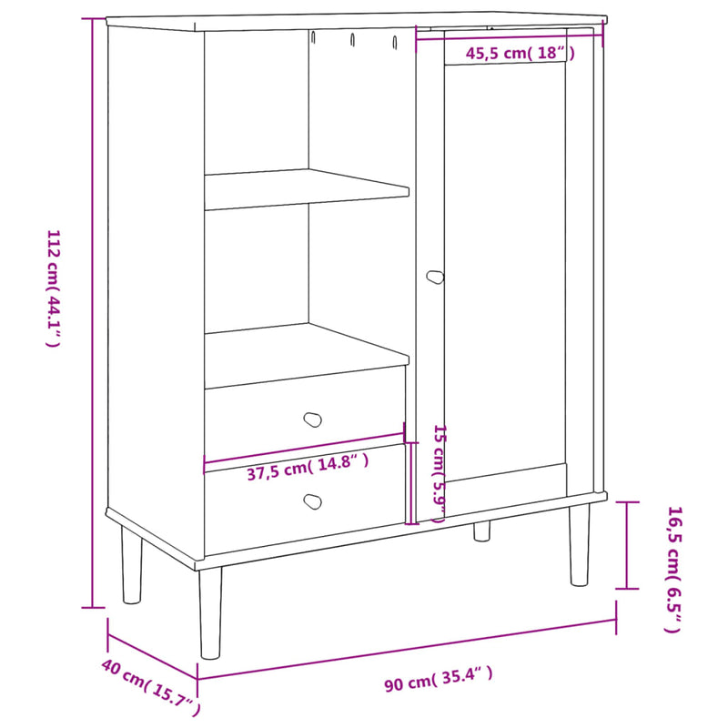 Brown Highboard SENJA with Rattan Look 35.4x15.7x44.1 Solid Wood Pine