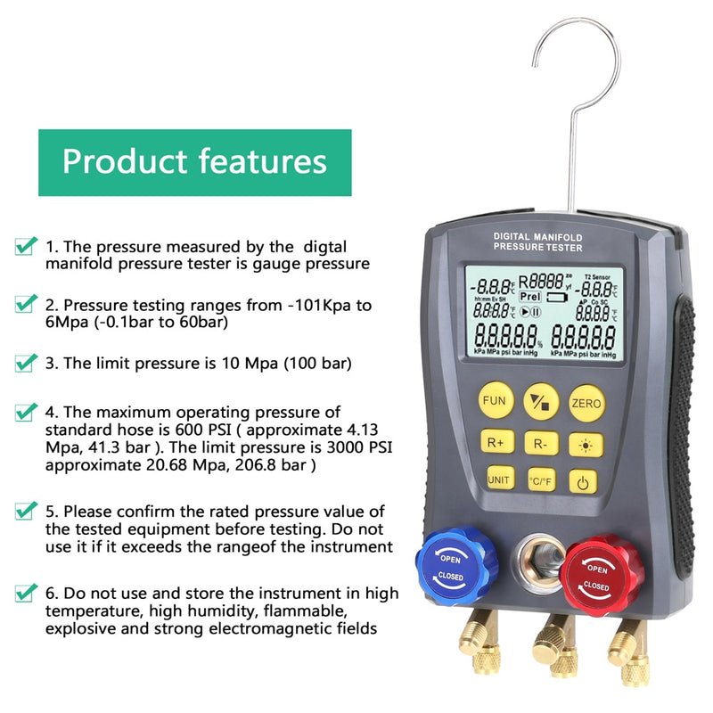 Pressure Gauge Refrigeration Digital Vacuum Pressure Manifold Tester