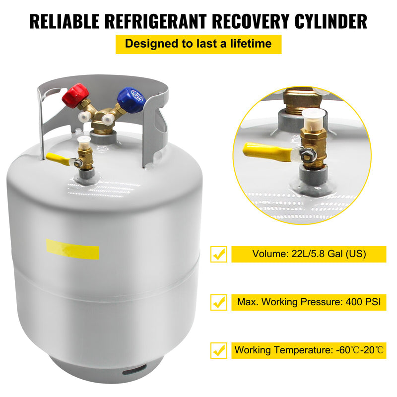 Refrigerant Reclaim Cylinder Tank 50 LBS Capacity 400 psi Portable with Y-Valve