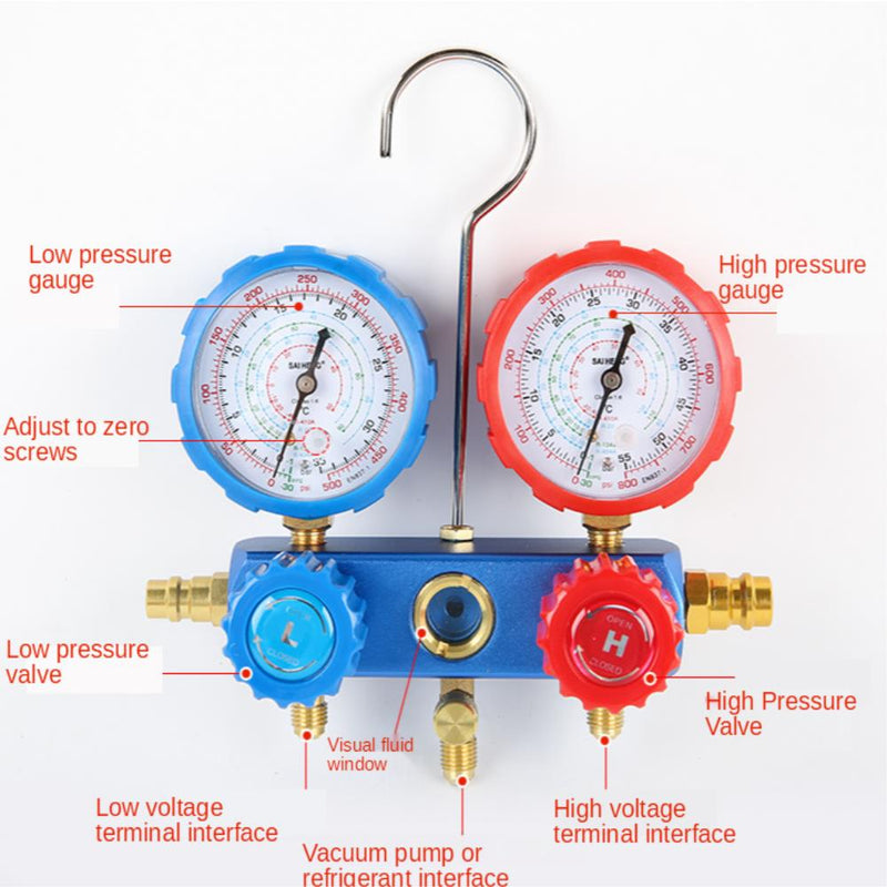 AC Diagnostic Manifold Gauge Set  R134A R22 Refrigerants with Acme Adapter and Can Tap  Automotive Car Air Conditioning