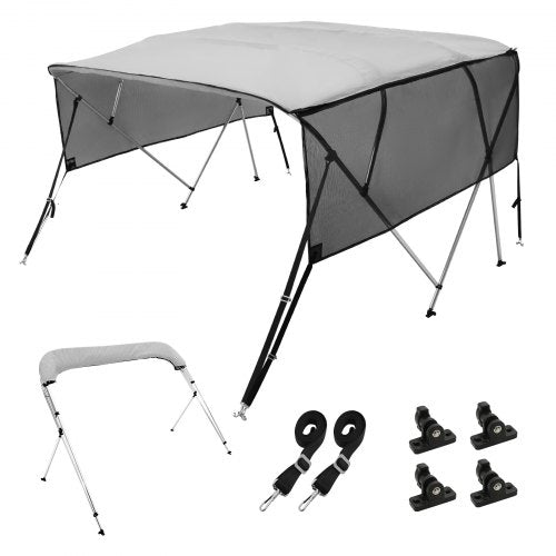 4 Bow Bimini Top Boat Cover, Detachable Mesh Sidewalls, 600D Polyester Canopy with 1" Aluminum Alloy Frame, Includes Storage Boot, 2 Straps, 2 Support Poles, 8`L x 54"H x 79"-84"W, Light Grey