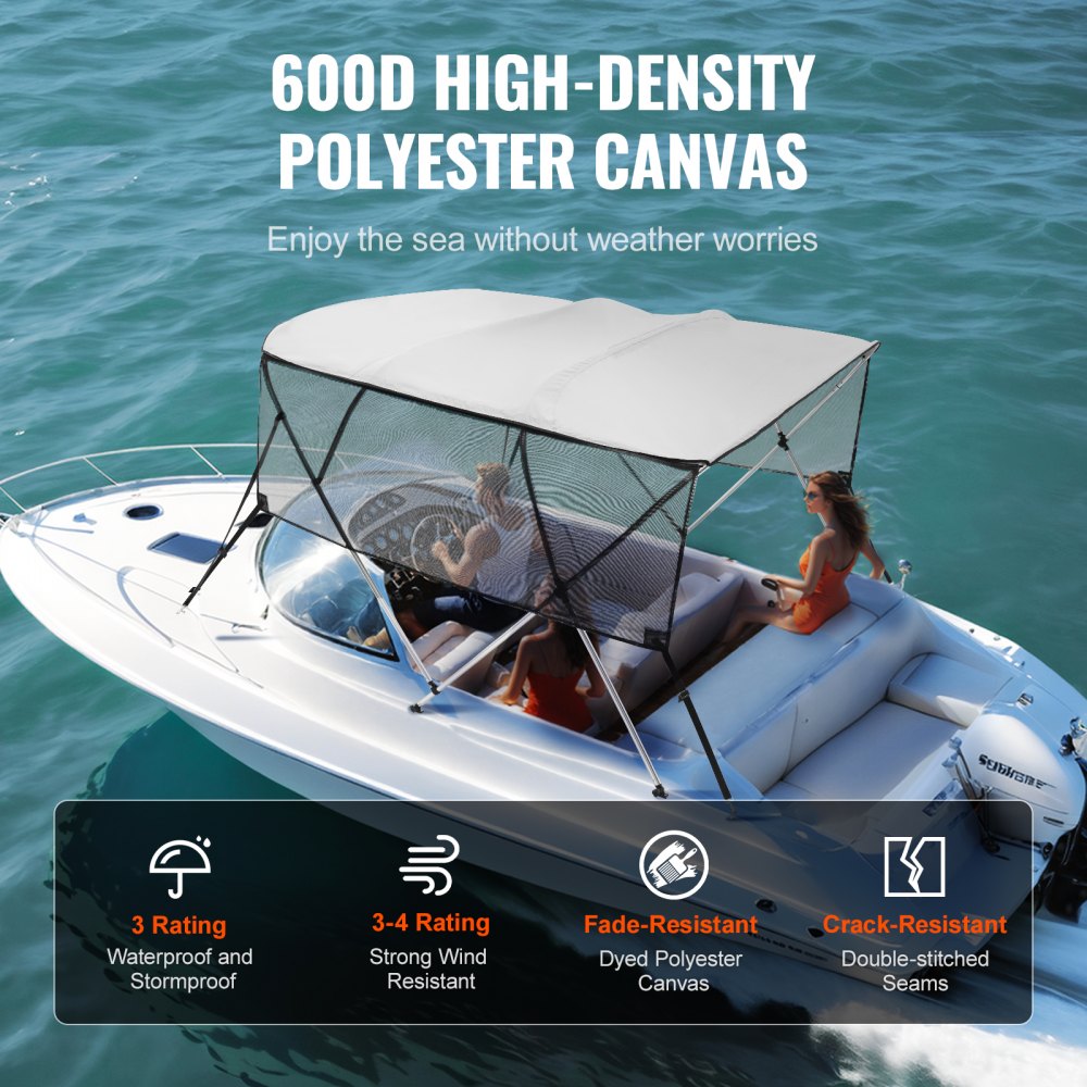 4 Bow Bimini Top Boat Cover, Detachable Mesh Sidewalls, 600D Polyester Canopy with 1" Aluminum Alloy Frame, Includes Storage Boot, 2 Straps, 2 Support Poles, 8`L x 54"H x 79"-84"W, Light Grey