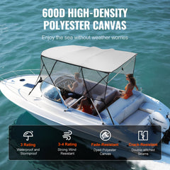 4 Bow Bimini Top Boat Cover, Detachable Mesh Sidewalls, 600D Polyester Canopy with 1" Aluminum Alloy Frame, Includes Storage Boot, 2 Straps, 2 Support Poles, 8`L x 54"H x 79"-84"W, Light Grey