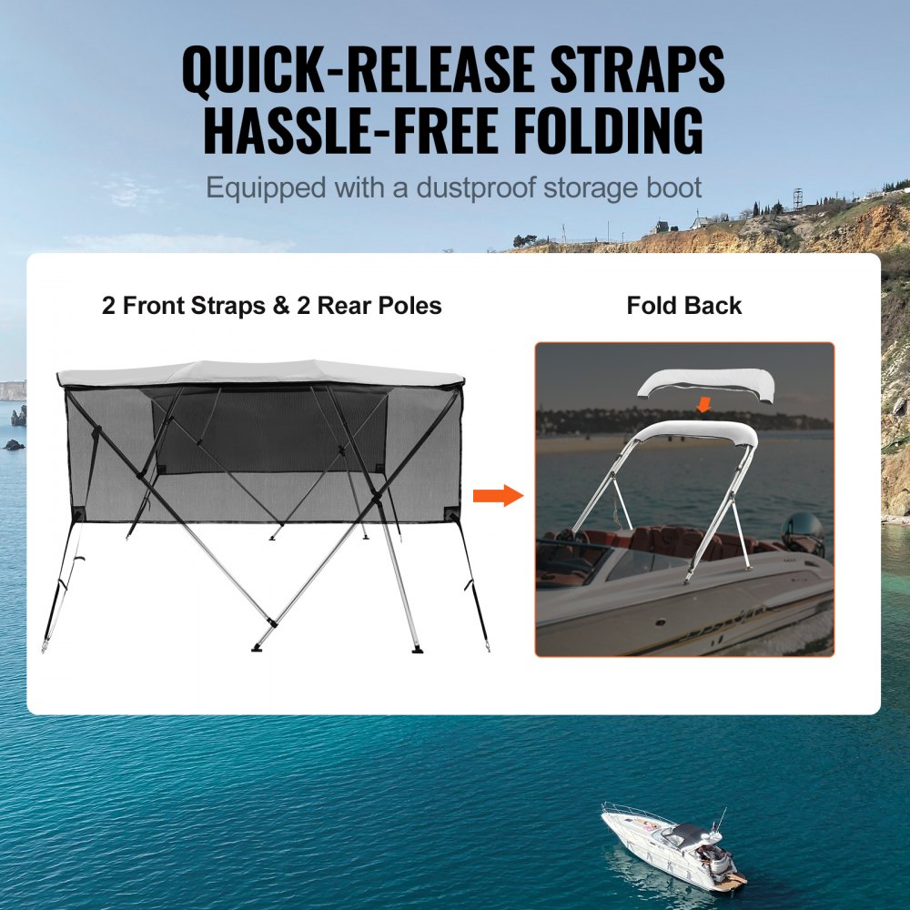 4 Bow Bimini Top Boat Cover, Detachable Mesh Sidewalls, 600D Polyester Canopy with 1" Aluminum Alloy Frame, Includes Storage Boot, 2 Straps, 2 Support Poles, 8`L x 54"H x 79"-84"W, Light Grey